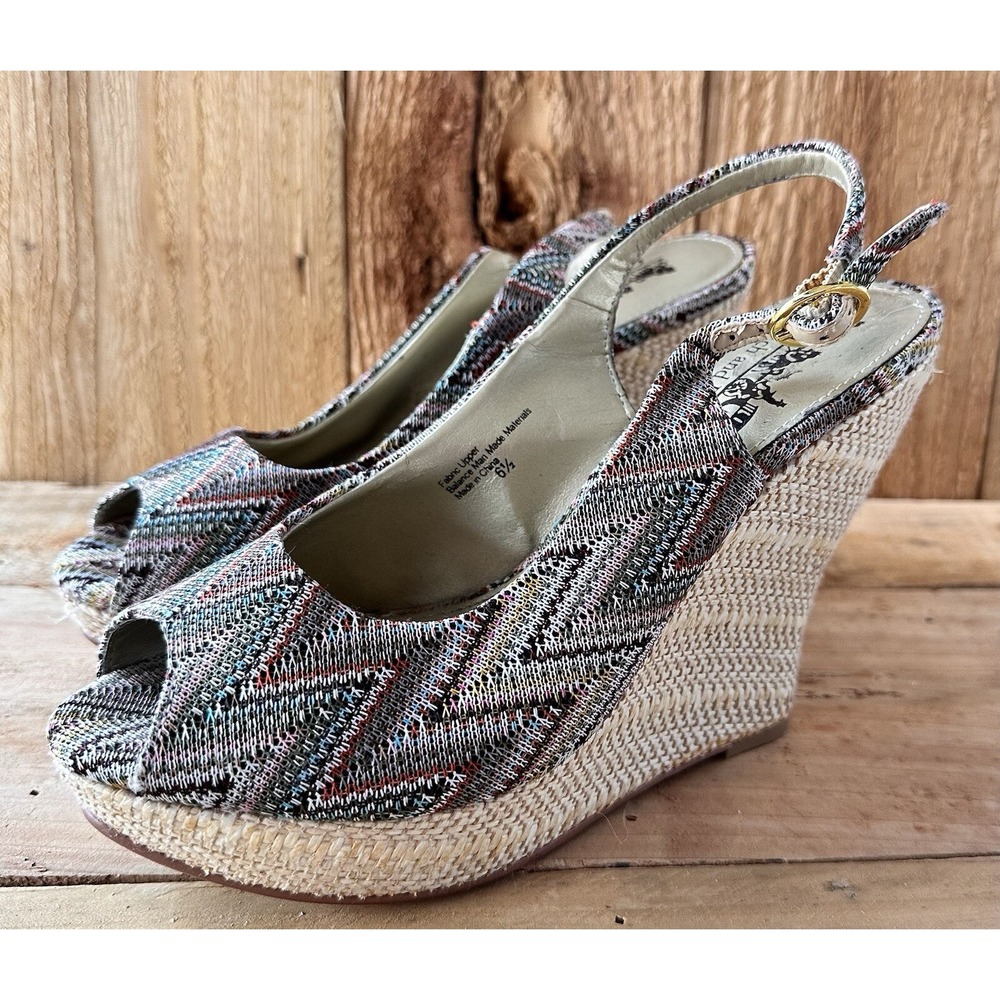 Coach & Four Wedge Shoes Peep Toe Espadrille Sz 6.5 Platform Slingback